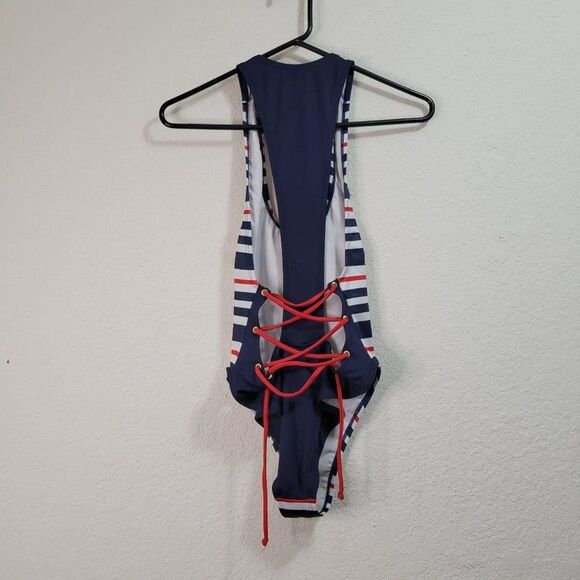 Mapale Striped Strappy Sexy Open Back Cheeky One Piece Swim Suit Size Small - Picture 7 of 11